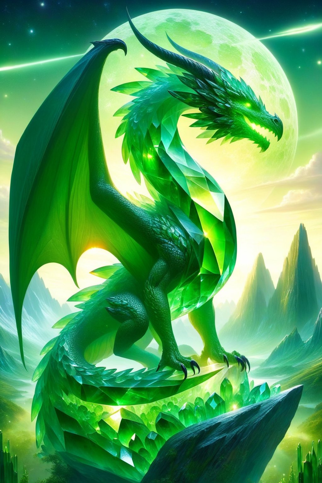 A majestic dragon, crystalline dragon, green crystals, surrounded by crystalline formations, stands in a mystical landscape under a celestial sky, green theme, draco_fantasy,<lora:EMS-303441-EMS:0.600000>