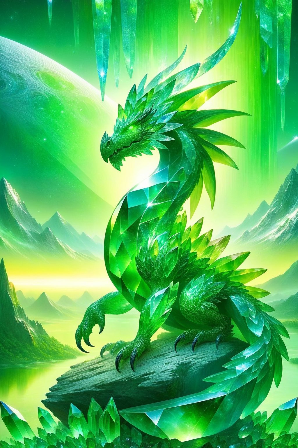 A majestic dragon, crystalline dragon, green crystals, surrounded by crystalline formations, stands in a mystical landscape under a celestial sky, green theme, draco_fantasy,<lora:EMS-303441-EMS:0.600000>