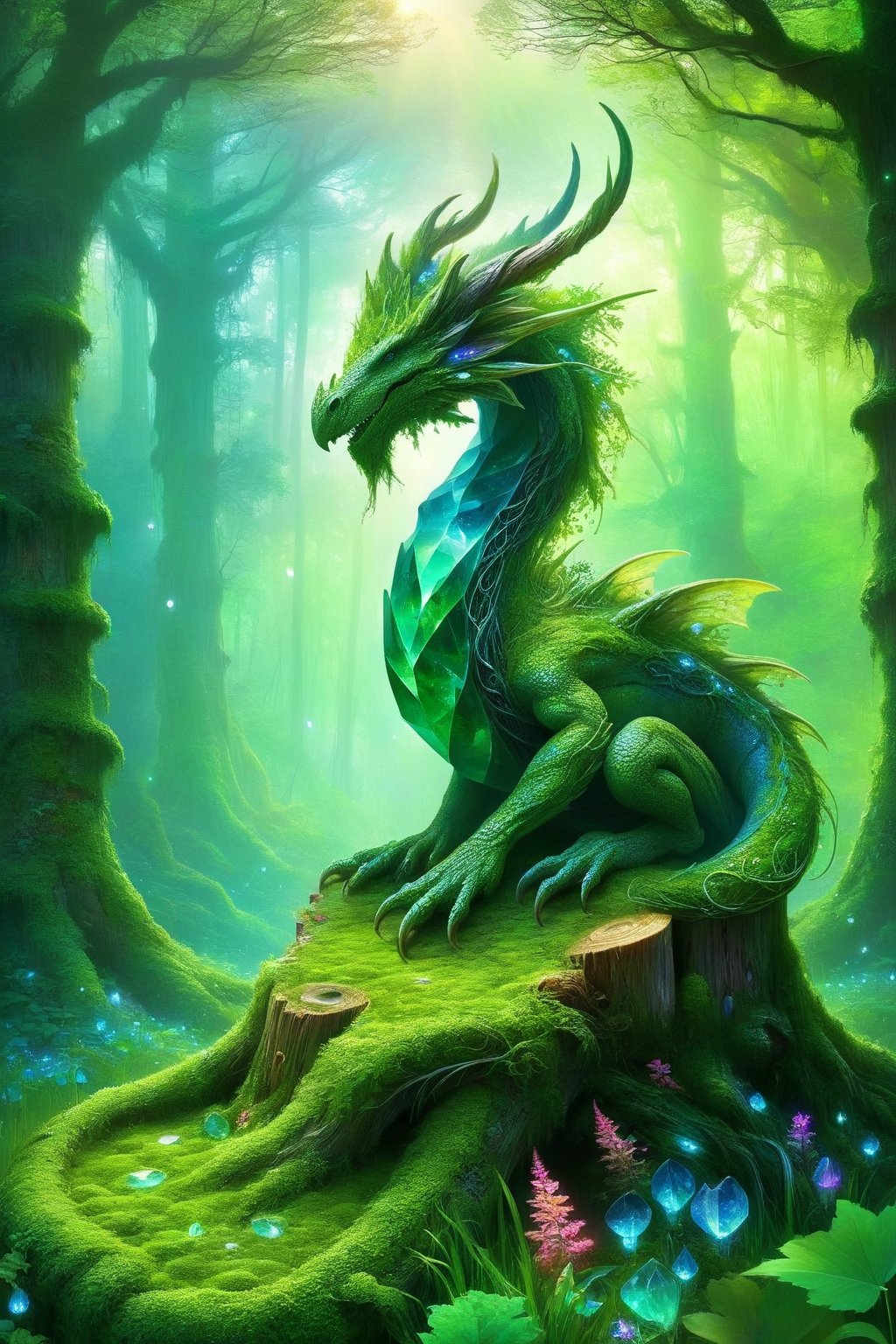 draco_fantasy, a mystical forest dragon, forest guardian, interwined vines, perched atop an ancient tree stump in a moss-covered clearing. Bioluminescent mushrooms illuminate the scene as the dragon gazes intently at a hidden crystal emanating an ethereal light. (Mysterious and magical),<lora:EMS-303441-EMS:0.600000>