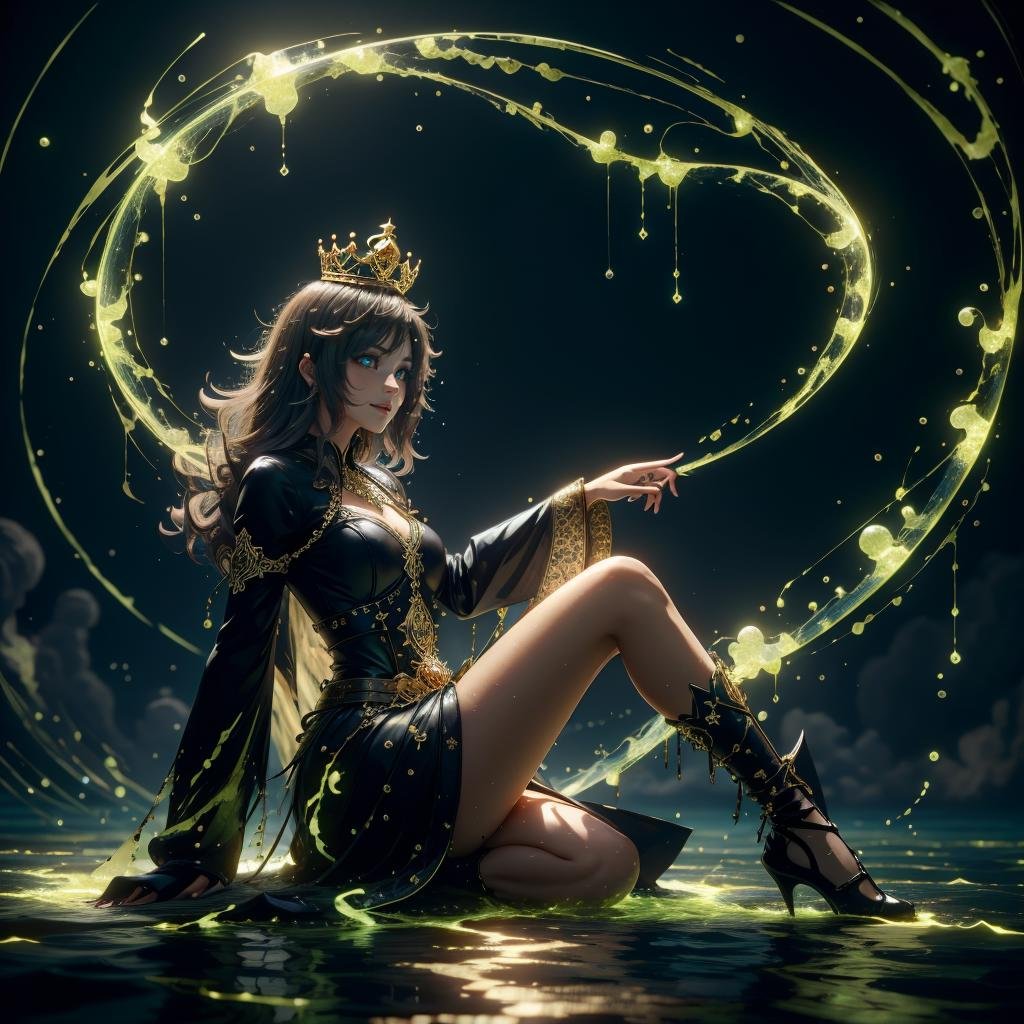 <lora:AcidMagic-22:0.8>,AcidMagic , fantasy, toxic corrosion , acid aura,smirk, delicate , beautiful,noble , princess , mini crown, elegant , jewelry , full body,sitting , in the sea, glowing eyes, dark night 