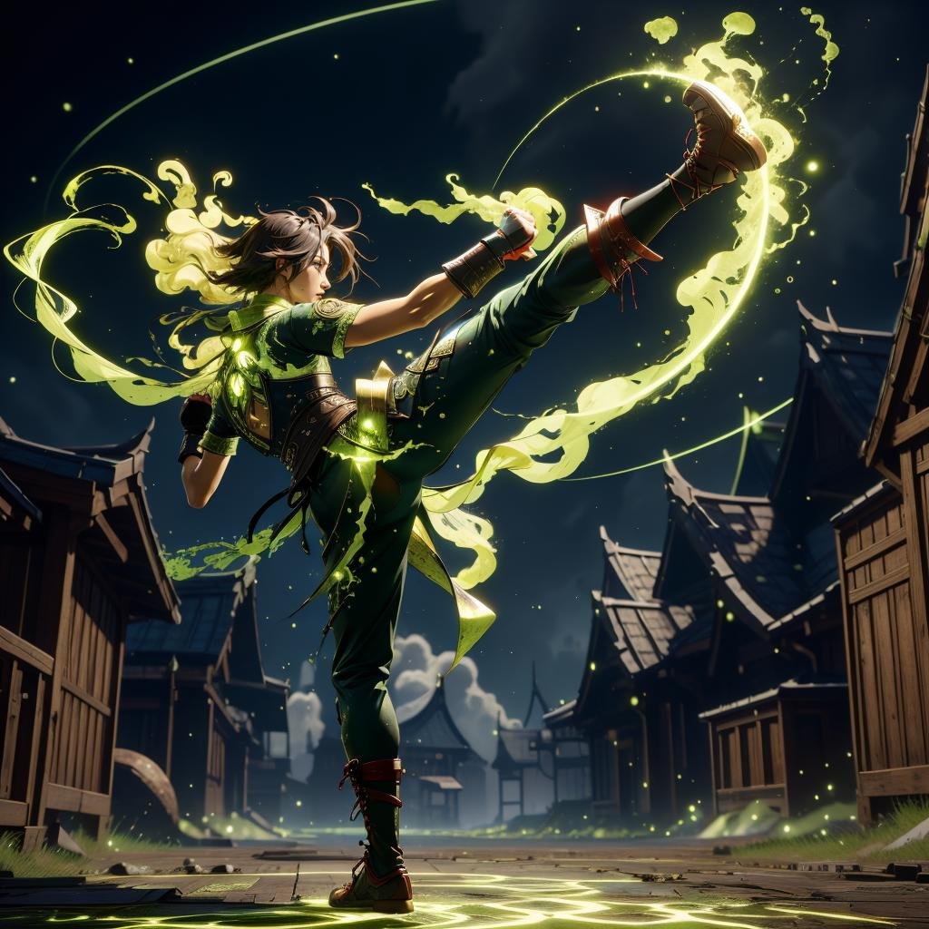 <lora:AcidMagic-22:0.9>,AcidMagic , fantasy, toxic corrosion , acid aura,martial arts, air kick , fighter , dynamic pose, glowing, magic trails  