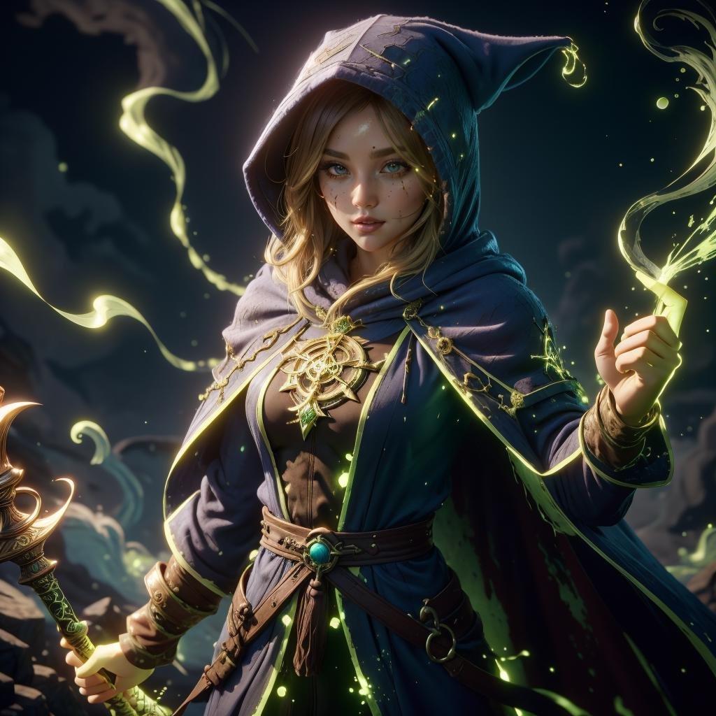 <lora:AcidMagic-22:0.9>,AcidMagic , fantasy, toxic corrosion , acid aura,enchanted robe , holding staff, mage staff , hood up, glowing hair, 1girl, 