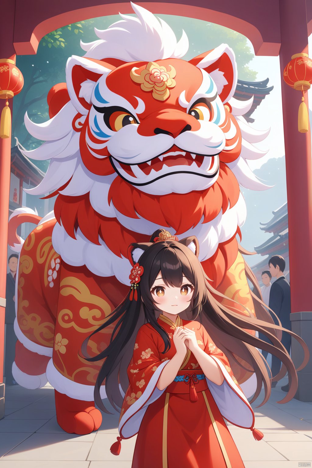  1girl, solo, , (masterpiece), (best quality), (\shi shi ru yi\),Lion dance,(very_long_hair,:1.3)