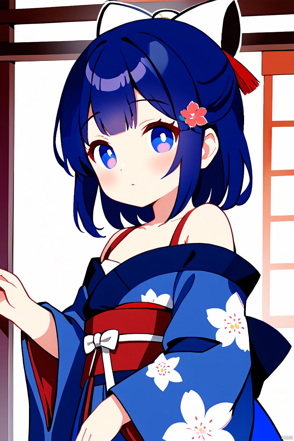  (watercolor_medium), ((ukiyoe style)), ((((masterpiece)))), (((best quality))), (illustration),(1girl:1.5),(solo:1.5), ((an extremely delicate and beautiful)), ((little girl)) , cute, ((hime_cut)), side blunt bangs,(ultramarine hair:1.2), hairs between eyes, ribbons, Bracelet , bare shoulders,((japanese_clothes)), sakura, ((slit pupils)), ((miko)), (off_shoulder), ace