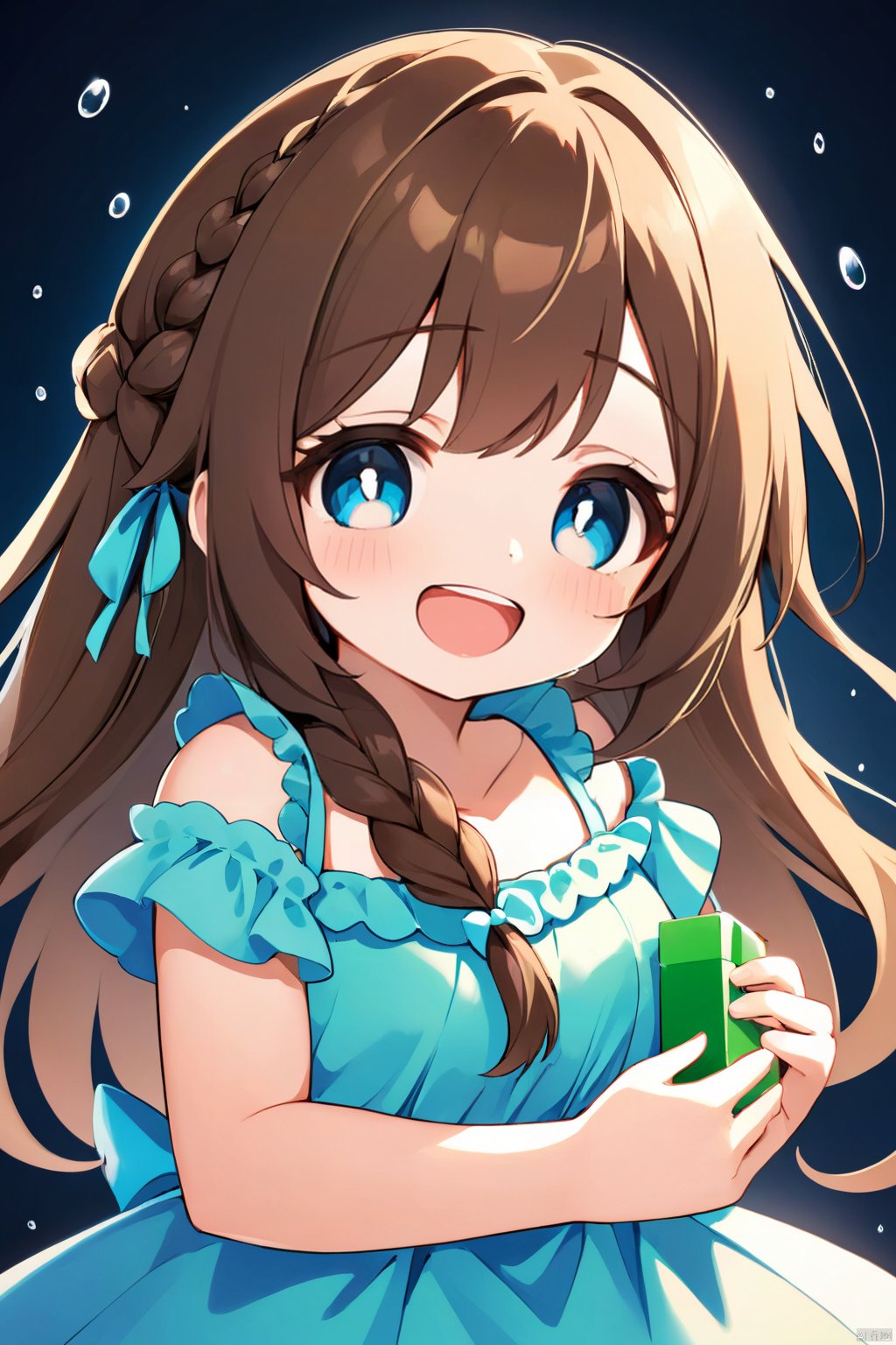  1girl, :d, braid, brown_hair, collarbone, crying, crying_with_eyes_open, dress, frills, green_eyes, holding, long_hair, looking_at_viewer, open_mouth, parted_bangs, smile, solo, tears, teeth, upper_teeth