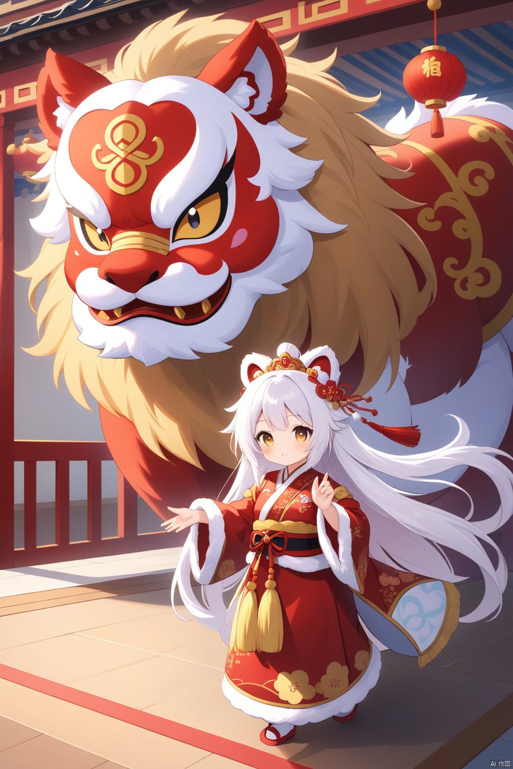  1girl, solo, , (masterpiece), (best quality), (\shi shi ru yi\),Lion dance,(very_long_hair,:1.3)