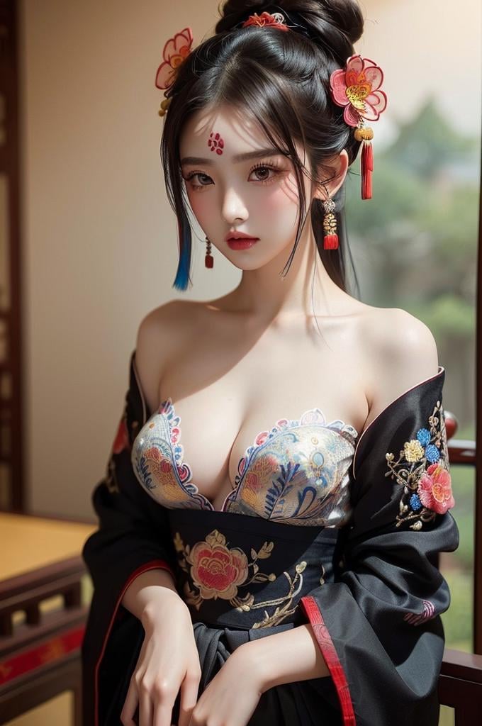 (((masterpiece))), (((best quality))), ((tangfengspabelle)), ((tattoo on forehead)), half body, solo, 1girl, collarbone, cleavage. ((big tits)),  (((multiple colored complex pattern chinese embroidery dudou))), ((long sleeves hanfu)), hairpin, necklace, updo, short hair,  <lora:tangfengspabelle:0.3>,