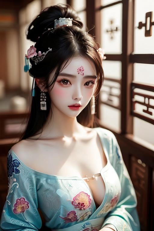 (((masterpiece))), (((best quality))), ((tangfengspabelle)), ((tattoo on forehead)), half body, solo, 1girl, collarbone, cleavage. ((big tits)),  (((complex pattern chinese embroidery dudou))), ((long sleeves hanfu)), hairpin, necklace,  <lora:tangfengspabelle:0.4>,