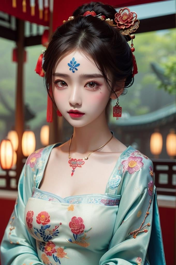 (((masterpiece))), (((best quality))), ((tangfengspabelle)), ((tattoo on forehead)), half body, solo, 1girl, collarbone, cleavage. ((big tits)),  (((multiple colored complex pattern chinese embroidery dudou))), ((long sleeves hanfu)), hairpin, necklace, updo, short hair,  <lora:tangfengspabelle:0.3>,