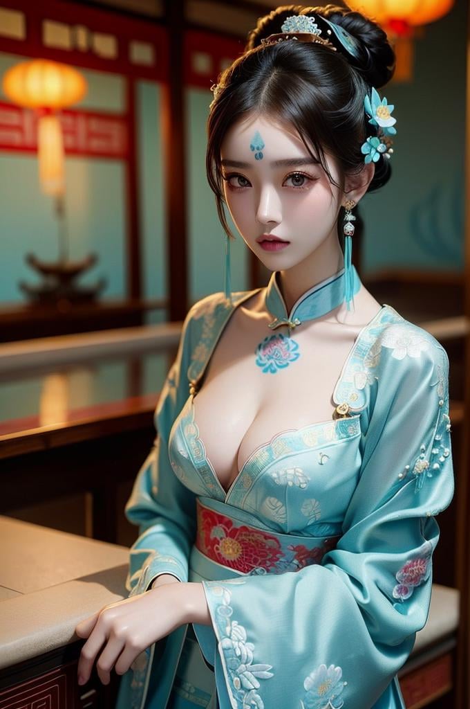 (((masterpiece))), (((best quality))), ((tangfengspabelle)), ((tattoo on forehead)), half body, solo, 1girl, collarbone, cleavage. ((big tits)),  (((cyan complex pattern chinese embroidery dudou))), ((long sleeves hanfu)), hairpin, necklace, updo, short hair,  <lora:tangfengspabelle:0.3>,