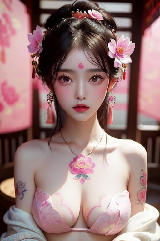 (((masterpiece))), (((best quality))), ((tangfengspabelle)), ((petal tattoo on forehead)), half body, solo, 1girl, collarbone, cleavage. ((big tits)),  (((pink complex pattern chinese embroidery dudou))), hanfu, hairpin, necklace,  <lora:tangfengspabelle:0.5>,