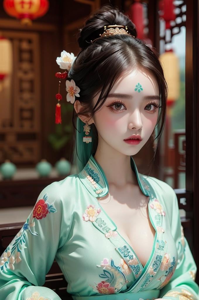 (((masterpiece))), (((best quality))), ((tangfengspabelle)), ((tattoo on forehead)), half body, solo, 1girl, collarbone, cleavage. ((big tits)),  (((mint complex pattern chinese embroidery dudou))), ((long sleeves hanfu)), hairpin, necklace, updo, short hair,  <lora:tangfengspabelle:0.3>,