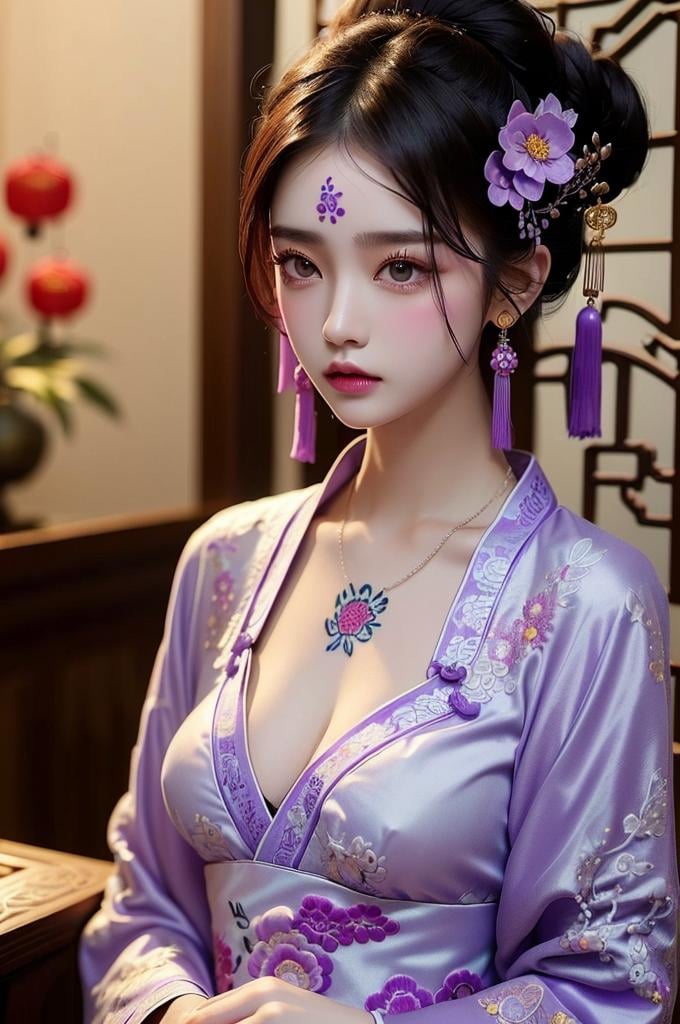 (((masterpiece))), (((best quality))), ((tangfengspabelle)), ((tattoo on forehead)), half body, solo, 1girl, collarbone, cleavage. ((big tits)),  (((purple complex pattern chinese embroidery dudou))), ((long sleeves hanfu)), hairpin, necklace, updo, short hair,  <lora:tangfengspabelle:0.3>,