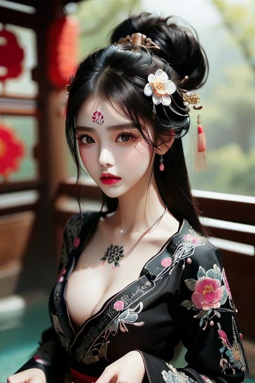 (((masterpiece))), (((best quality))), ((tangfengspabelle)), ((tattoo on forehead)), half body, solo, 1girl, collarbone, cleavage. ((big tits)),  (((black complex pattern chinese embroidery dudou))), ((long sleeves hanfu)), hairpin, necklace,  <lora:tangfengspabelle:0.5>,