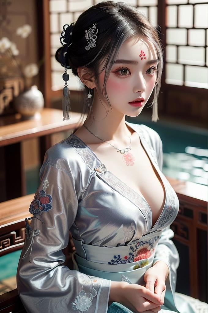 (((masterpiece))), (((best quality))), ((tangfengspabelle)), ((tattoo on forehead)), half body, solo, 1girl, collarbone, cleavage. ((big tits)),  (((silver complex pattern chinese embroidery dudou))), ((long sleeves hanfu)), hairpin, necklace, updo, short hair,  <lora:tangfengspabelle:0.3>,