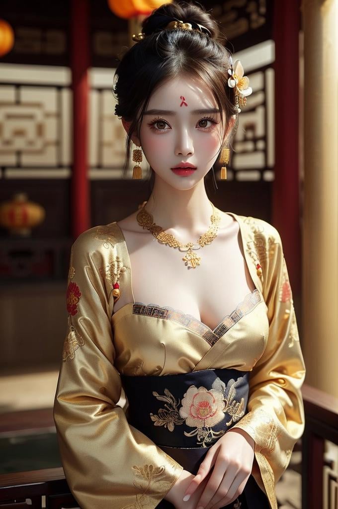 (((masterpiece))), (((best quality))), ((tangfengspabelle)), ((tattoo on forehead)), half body, solo, 1girl, collarbone, cleavage. ((big tits)),  (((golden complex pattern chinese embroidery dudou))), ((long sleeves hanfu)), hairpin, necklace, updo, short hair,  <lora:tangfengspabelle:0.3>,