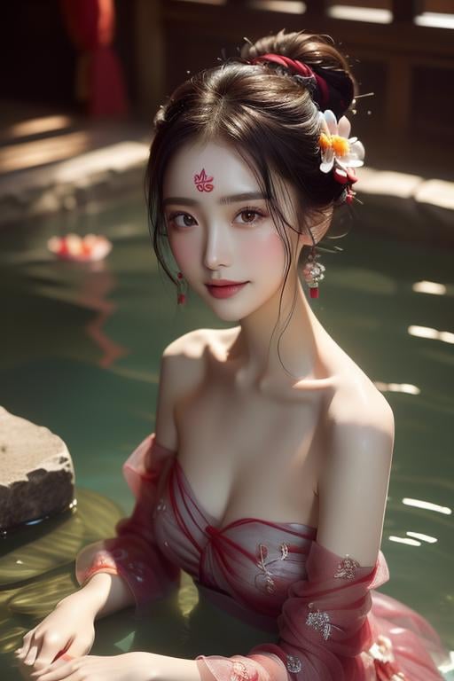 (((masterpiece))), (((best quality))), (((half body photo))), (((tangfengspabelle))), ((forehead floral mark)), ((partially submerged)), solo, 1girl, ((red sleeves strapless collarbone see through hanfu)), hairclip, big tits, smile, <lora:tangfengspabelleV2:0.65>