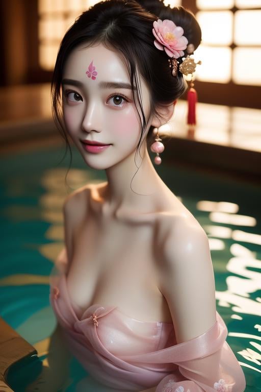 (((masterpiece))), (((best quality))), (((half body photo))), (((tangfengspabelle))), ((forehead floral mark)), ((partially submerged)), solo, 1girl, ((pink collarbone see through hanfu)), hairclip, big tits, smile, <lora:tangfengspabelleV2:0.65>