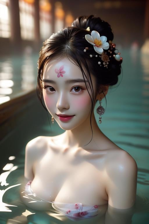 (((masterpiece))), (((best quality))), (((half body photo))), ((tangfengspabelle)), ((forehead floral mark)), ((partially submerged in water)), solo, 1girl, china dudou, strapless, updo hairclip, big tits, smile, <lora:tangfengspabelleV2:0.65>