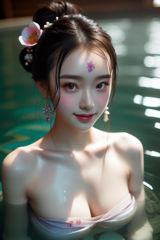 (((masterpiece))), (((best quality))), (((half body photo))), ((tangfengspabelle)), ((forehead floral mark)), ((partially submerged)), solo, 1girl, strapless one-pince bandeau, hanfu, hairclip, big tits, smile, <lora:tangfengspabelleV2:0.65>