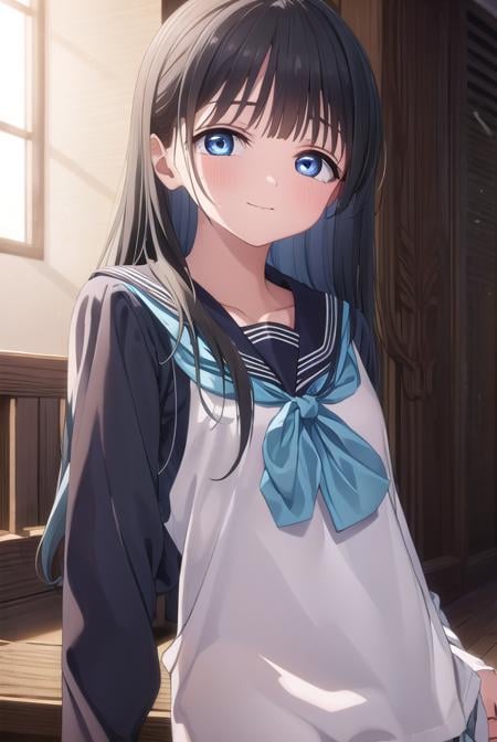 komichiakebi, <lora:komichi akebi s1-lora-nochekaiser:1>,komichi akebi, long hair, bangs, blue eyes, black hair, smile,BREAK shirt, long sleeves, bow, school uniform, white shirt, serafuku, sailor collar, neckerchief, blue bow, black sailor collar, blue neckerchief,BREAK indoors, classroom,BREAK looking at viewer, (cowboy shot:1.5),BREAK <lyco:GoodHands-beta2:1>, (masterpiece:1.2), best quality, high resolution, unity 8k wallpaper, (illustration:0.8), (beautiful detailed eyes:1.6), extremely detailed face, perfect lighting, extremely detailed CG, (perfect hands, perfect anatomy),