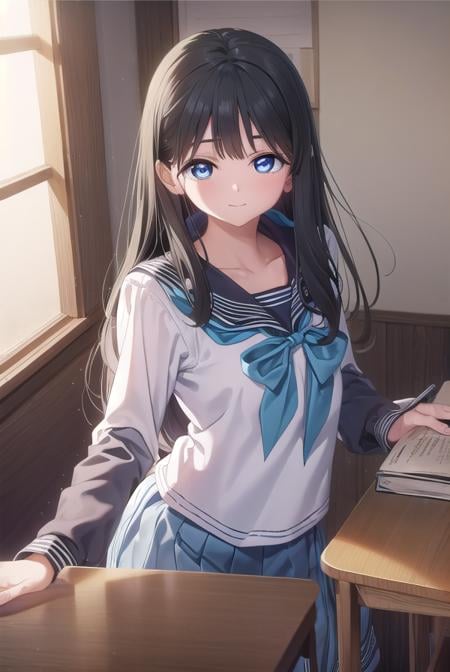 komichiakebi, <lora:komichi akebi s1-lora-nochekaiser:1>,komichi akebi, long hair, bangs, blue eyes, black hair, smile,BREAK shirt, long sleeves, bow, school uniform, white shirt, serafuku, sailor collar, neckerchief, blue bow, black sailor collar, blue neckerchief,BREAK indoors, classroom,BREAK looking at viewer, (cowboy shot:1.5),BREAK <lyco:GoodHands-beta2:1>, (masterpiece:1.2), best quality, high resolution, unity 8k wallpaper, (illustration:0.8), (beautiful detailed eyes:1.6), extremely detailed face, perfect lighting, extremely detailed CG, (perfect hands, perfect anatomy),