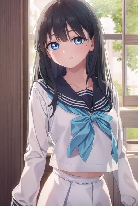 komichiakebi, <lora:komichi akebi s1-lora-nochekaiser:1>,komichi akebi, long hair, bangs, blue eyes, black hair, smile,BREAK shirt, long sleeves, bow, school uniform, white shirt, serafuku, sailor collar, neckerchief, blue bow, black sailor collar, blue neckerchief,BREAK indoors, classroom,BREAK looking at viewer, (cowboy shot:1.5),BREAK <lyco:GoodHands-beta2:1>, (masterpiece:1.2), best quality, high resolution, unity 8k wallpaper, (illustration:0.8), (beautiful detailed eyes:1.6), extremely detailed face, perfect lighting, extremely detailed CG, (perfect hands, perfect anatomy),