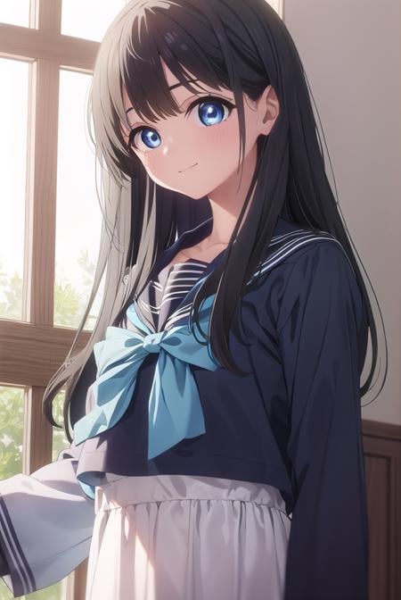 komichiakebi, <lora:komichi akebi s1-lora-nochekaiser:1>,komichi akebi, long hair, bangs, blue eyes, black hair, smile,BREAK shirt, long sleeves, bow, school uniform, white shirt, serafuku, sailor collar, neckerchief, blue bow, black sailor collar, blue neckerchief,BREAK indoors, classroom,BREAK looking at viewer, (cowboy shot:1.5),BREAK <lyco:GoodHands-beta2:1>, (masterpiece:1.2), best quality, high resolution, unity 8k wallpaper, (illustration:0.8), (beautiful detailed eyes:1.6), extremely detailed face, perfect lighting, extremely detailed CG, (perfect hands, perfect anatomy),