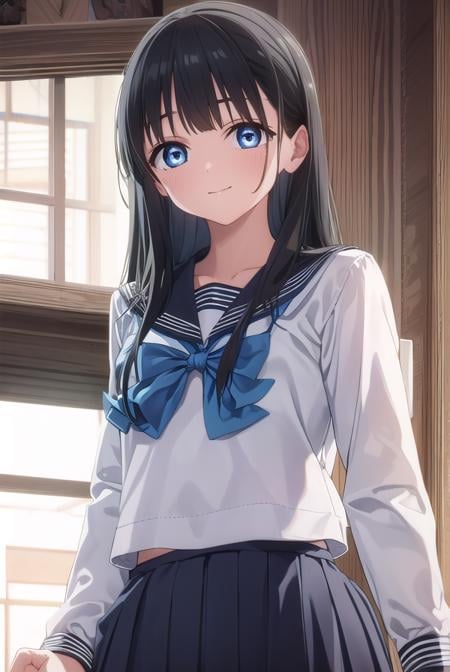 komichiakebi, <lora:komichi akebi s1-lora-nochekaiser:1>,komichi akebi, long hair, bangs, blue eyes, black hair, smile,BREAK shirt, long sleeves, bow, school uniform, white shirt, serafuku, sailor collar, neckerchief, blue bow, black sailor collar, blue neckerchief,BREAK indoors, classroom,BREAK looking at viewer, (cowboy shot:1.5),BREAK <lyco:GoodHands-beta2:1>, (masterpiece:1.2), best quality, high resolution, unity 8k wallpaper, (illustration:0.8), (beautiful detailed eyes:1.6), extremely detailed face, perfect lighting, extremely detailed CG, (perfect hands, perfect anatomy),