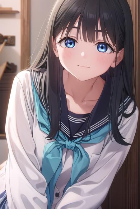 komichiakebi, <lora:komichi akebi s1-lora-nochekaiser:1>,komichi akebi, long hair, bangs, blue eyes, black hair, smile,BREAK shirt, long sleeves, bow, school uniform, white shirt, serafuku, sailor collar, neckerchief, blue bow, black sailor collar, blue neckerchief,BREAK indoors, classroom,BREAK looking at viewer, (cowboy shot:1.5),BREAK <lyco:GoodHands-beta2:1>, (masterpiece:1.2), best quality, high resolution, unity 8k wallpaper, (illustration:0.8), (beautiful detailed eyes:1.6), extremely detailed face, perfect lighting, extremely detailed CG, (perfect hands, perfect anatomy),