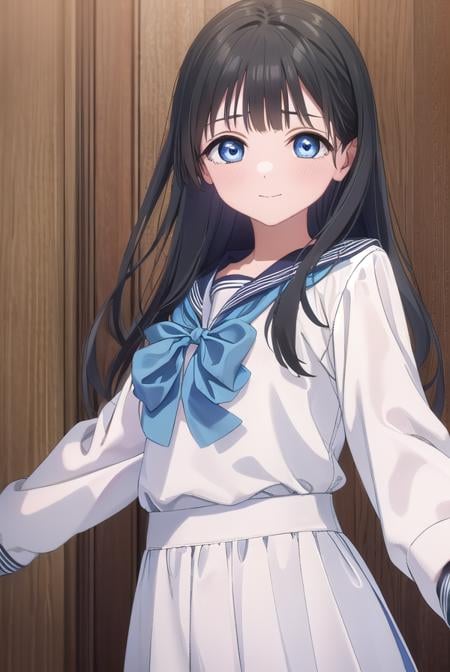 komichiakebi, <lora:komichi akebi s1-lora-nochekaiser:1>,komichi akebi, long hair, bangs, blue eyes, black hair, smile,BREAK shirt, long sleeves, bow, school uniform, white shirt, serafuku, sailor collar, neckerchief, blue bow, black sailor collar, blue neckerchief,BREAK indoors, classroom,BREAK looking at viewer, (cowboy shot:1.5),BREAK <lyco:GoodHands-beta2:1>, (masterpiece:1.2), best quality, high resolution, unity 8k wallpaper, (illustration:0.8), (beautiful detailed eyes:1.6), extremely detailed face, perfect lighting, extremely detailed CG, (perfect hands, perfect anatomy),