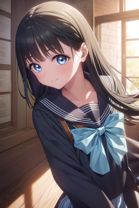 komichiakebi, <lora:komichi akebi s1-lora-nochekaiser:1>,komichi akebi, long hair, bangs, blue eyes, black hair, smile,BREAK shirt, long sleeves, bow, school uniform, white shirt, serafuku, sailor collar, neckerchief, blue bow, black sailor collar, blue neckerchief,BREAK indoors, classroom,BREAK looking at viewer, (cowboy shot:1.5),BREAK <lyco:GoodHands-beta2:1>, (masterpiece:1.2), best quality, high resolution, unity 8k wallpaper, (illustration:0.8), (beautiful detailed eyes:1.6), extremely detailed face, perfect lighting, extremely detailed CG, (perfect hands, perfect anatomy),