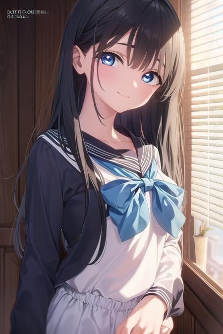 komichiakebi, <lora:komichi akebi s1-lora-nochekaiser:1>,komichi akebi, long hair, bangs, blue eyes, black hair, smile,BREAK shirt, long sleeves, bow, school uniform, white shirt, serafuku, sailor collar, neckerchief, blue bow, black sailor collar, blue neckerchief,BREAK indoors, classroom,BREAK looking at viewer, (cowboy shot:1.5),BREAK <lyco:GoodHands-beta2:1>, (masterpiece:1.2), best quality, high resolution, unity 8k wallpaper, (illustration:0.8), (beautiful detailed eyes:1.6), extremely detailed face, perfect lighting, extremely detailed CG, (perfect hands, perfect anatomy),