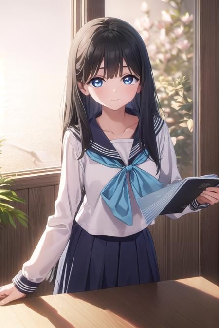 komichiakebi, <lora:komichi akebi s1-lora-nochekaiser:1>,komichi akebi, long hair, bangs, blue eyes, black hair, smile,BREAK shirt, long sleeves, bow, school uniform, white shirt, serafuku, sailor collar, neckerchief, blue bow, black sailor collar, blue neckerchief,BREAK indoors, classroom,BREAK looking at viewer, (cowboy shot:1.5),BREAK <lyco:GoodHands-beta2:1>, (masterpiece:1.2), best quality, high resolution, unity 8k wallpaper, (illustration:0.8), (beautiful detailed eyes:1.6), extremely detailed face, perfect lighting, extremely detailed CG, (perfect hands, perfect anatomy),