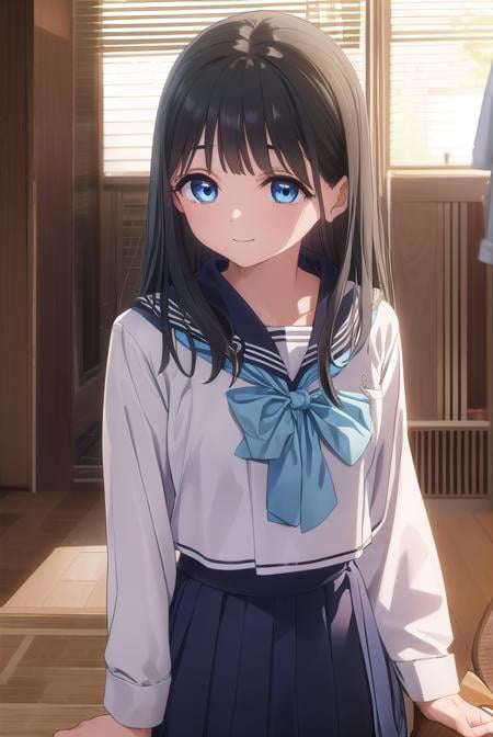 komichiakebi, <lora:komichi akebi s1-lora-nochekaiser:1>,komichi akebi, long hair, bangs, blue eyes, black hair, smile,BREAK shirt, long sleeves, bow, school uniform, white shirt, serafuku, sailor collar, neckerchief, blue bow, black sailor collar, blue neckerchief,BREAK indoors, classroom,BREAK looking at viewer, (cowboy shot:1.5),BREAK <lyco:GoodHands-beta2:1>, (masterpiece:1.2), best quality, high resolution, unity 8k wallpaper, (illustration:0.8), (beautiful detailed eyes:1.6), extremely detailed face, perfect lighting, extremely detailed CG, (perfect hands, perfect anatomy),