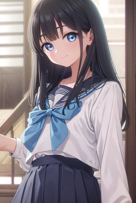 komichiakebi, <lora:komichi akebi s1-lora-nochekaiser:1>,komichi akebi, long hair, bangs, blue eyes, black hair, smile,BREAK shirt, long sleeves, bow, school uniform, white shirt, serafuku, sailor collar, neckerchief, blue bow, black sailor collar, blue neckerchief,BREAK indoors, classroom,BREAK looking at viewer, (cowboy shot:1.5),BREAK <lyco:GoodHands-beta2:1>, (masterpiece:1.2), best quality, high resolution, unity 8k wallpaper, (illustration:0.8), (beautiful detailed eyes:1.6), extremely detailed face, perfect lighting, extremely detailed CG, (perfect hands, perfect anatomy),