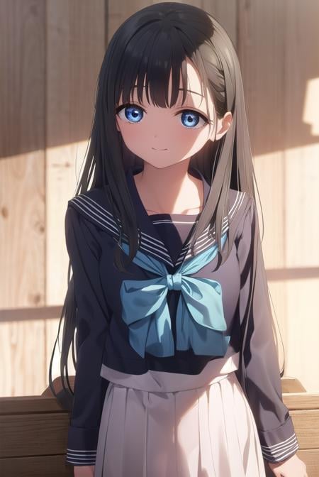 komichiakebi, <lora:komichi akebi s1-lora-nochekaiser:1>,komichi akebi, long hair, bangs, blue eyes, black hair, smile,BREAK shirt, long sleeves, bow, school uniform, white shirt, serafuku, sailor collar, neckerchief, blue bow, black sailor collar, blue neckerchief,BREAK indoors, classroom,BREAK looking at viewer, (cowboy shot:1.5),BREAK <lyco:GoodHands-beta2:1>, (masterpiece:1.2), best quality, high resolution, unity 8k wallpaper, (illustration:0.8), (beautiful detailed eyes:1.6), extremely detailed face, perfect lighting, extremely detailed CG, (perfect hands, perfect anatomy),