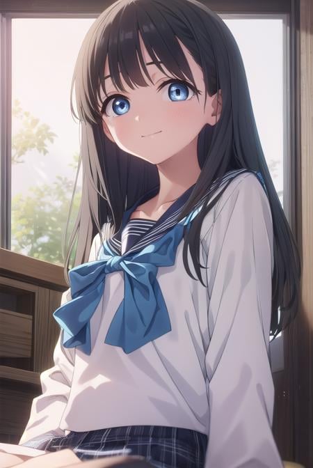 komichiakebi, <lora:komichi akebi s1-lora-nochekaiser:1>,komichi akebi, long hair, bangs, blue eyes, black hair, smile,BREAK shirt, long sleeves, bow, school uniform, white shirt, serafuku, sailor collar, neckerchief, blue bow, black sailor collar, blue neckerchief,BREAK indoors, classroom,BREAK looking at viewer, (cowboy shot:1.5),BREAK <lyco:GoodHands-beta2:1>, (masterpiece:1.2), best quality, high resolution, unity 8k wallpaper, (illustration:0.8), (beautiful detailed eyes:1.6), extremely detailed face, perfect lighting, extremely detailed CG, (perfect hands, perfect anatomy),