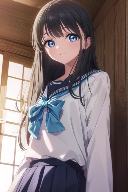 komichiakebi, <lora:komichi akebi s1-lora-nochekaiser:1>,komichi akebi, long hair, bangs, blue eyes, black hair, smile,BREAK shirt, long sleeves, bow, school uniform, white shirt, serafuku, sailor collar, neckerchief, blue bow, black sailor collar, blue neckerchief,BREAK indoors, classroom,BREAK looking at viewer, (cowboy shot:1.5),BREAK <lyco:GoodHands-beta2:1>, (masterpiece:1.2), best quality, high resolution, unity 8k wallpaper, (illustration:0.8), (beautiful detailed eyes:1.6), extremely detailed face, perfect lighting, extremely detailed CG, (perfect hands, perfect anatomy),