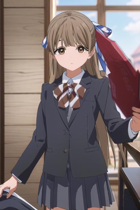 yasukonawashiro, <lora:yasuko nawashiro s1-lora-nochekaiser:1>,yasuko nawashiro, long hair, brown hair, bow, ribbon, (brown eyes:1.5), hair bow, mole, mole under eye, half updo,BREAK skirt, long sleeves, school uniform, jacket, socks, black skirt, two side up, black jacket, kneehighs, blazer, black socks, bow, bowtie, stripped, stripped bowtie,BREAK indoors, classroom,BREAK looking at viewer, (cowboy shot:1.5),BREAK <lyco:GoodHands-beta2:1>, (masterpiece:1.2), best quality, high resolution, unity 8k wallpaper, (illustration:0.8), (beautiful detailed eyes:1.6), extremely detailed face, perfect lighting, extremely detailed CG, (perfect hands, perfect anatomy),