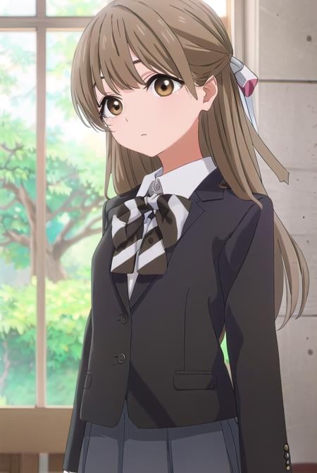 yasukonawashiro, <lora:yasuko nawashiro s1-lora-nochekaiser:1>,yasuko nawashiro, long hair, brown hair, bow, ribbon, (brown eyes:1.5), hair bow, mole, mole under eye, half updo,BREAK skirt, long sleeves, school uniform, jacket, socks, black skirt, two side up, black jacket, kneehighs, blazer, black socks, bow, bowtie, stripped, stripped bowtie,BREAK indoors, classroom,BREAK looking at viewer, (cowboy shot:1.5),BREAK <lyco:GoodHands-beta2:1>, (masterpiece:1.2), best quality, high resolution, unity 8k wallpaper, (illustration:0.8), (beautiful detailed eyes:1.6), extremely detailed face, perfect lighting, extremely detailed CG, (perfect hands, perfect anatomy),