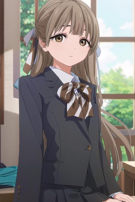 yasukonawashiro, <lora:yasuko nawashiro s1-lora-nochekaiser:1>,yasuko nawashiro, long hair, brown hair, bow, ribbon, (brown eyes:1.5), hair bow, mole, mole under eye, half updo,BREAK skirt, long sleeves, school uniform, jacket, socks, black skirt, two side up, black jacket, kneehighs, blazer, black socks, bow, bowtie, stripped, stripped bowtie,BREAK indoors, classroom,BREAK looking at viewer, (cowboy shot:1.5),BREAK <lyco:GoodHands-beta2:1>, (masterpiece:1.2), best quality, high resolution, unity 8k wallpaper, (illustration:0.8), (beautiful detailed eyes:1.6), extremely detailed face, perfect lighting, extremely detailed CG, (perfect hands, perfect anatomy),