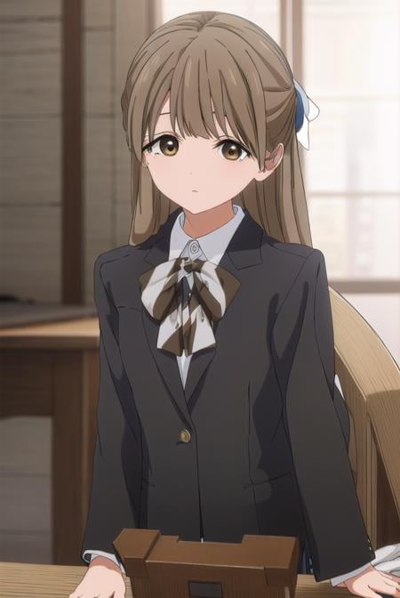 yasukonawashiro, <lora:yasuko nawashiro s1-lora-nochekaiser:1>,yasuko nawashiro, long hair, brown hair, bow, ribbon, (brown eyes:1.5), hair bow, mole, mole under eye, half updo,BREAK skirt, long sleeves, school uniform, jacket, socks, black skirt, two side up, black jacket, kneehighs, blazer, black socks, bow, bowtie, stripped, stripped bowtie,BREAK indoors, classroom,BREAK looking at viewer, (cowboy shot:1.5),BREAK <lyco:GoodHands-beta2:1>, (masterpiece:1.2), best quality, high resolution, unity 8k wallpaper, (illustration:0.8), (beautiful detailed eyes:1.6), extremely detailed face, perfect lighting, extremely detailed CG, (perfect hands, perfect anatomy),