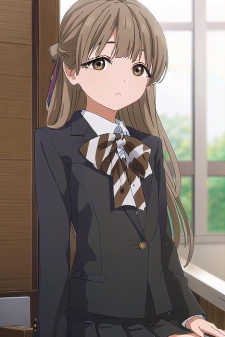 yasukonawashiro, <lora:yasuko nawashiro s1-lora-nochekaiser:1>,yasuko nawashiro, long hair, brown hair, bow, ribbon, (brown eyes:1.5), hair bow, mole, mole under eye, half updo,BREAK skirt, long sleeves, school uniform, jacket, socks, black skirt, two side up, black jacket, kneehighs, blazer, black socks, bow, bowtie, stripped, stripped bowtie,BREAK indoors, classroom,BREAK looking at viewer, (cowboy shot:1.5),BREAK <lyco:GoodHands-beta2:1>, (masterpiece:1.2), best quality, high resolution, unity 8k wallpaper, (illustration:0.8), (beautiful detailed eyes:1.6), extremely detailed face, perfect lighting, extremely detailed CG, (perfect hands, perfect anatomy),