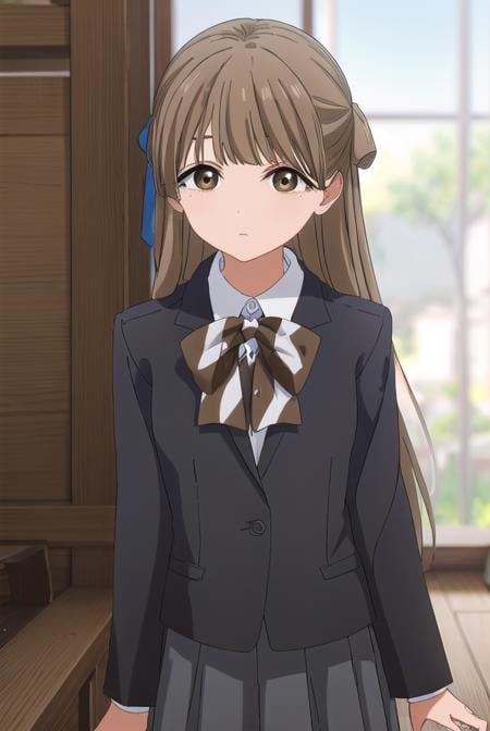 yasukonawashiro, <lora:yasuko nawashiro s1-lora-nochekaiser:1>,yasuko nawashiro, long hair, brown hair, bow, ribbon, (brown eyes:1.5), hair bow, mole, mole under eye, half updo,BREAK skirt, long sleeves, school uniform, jacket, socks, black skirt, two side up, black jacket, kneehighs, blazer, black socks, bow, bowtie, stripped, stripped bowtie,BREAK indoors, classroom,BREAK looking at viewer, (cowboy shot:1.5),BREAK <lyco:GoodHands-beta2:1>, (masterpiece:1.2), best quality, high resolution, unity 8k wallpaper, (illustration:0.8), (beautiful detailed eyes:1.6), extremely detailed face, perfect lighting, extremely detailed CG, (perfect hands, perfect anatomy),