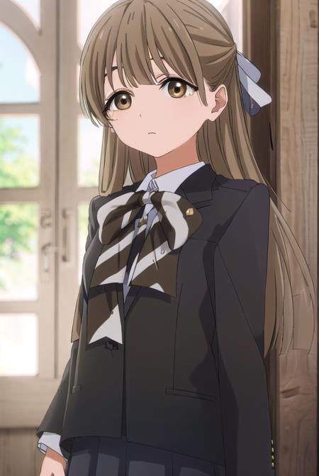 yasukonawashiro, <lora:yasuko nawashiro s1-lora-nochekaiser:1>,yasuko nawashiro, long hair, brown hair, bow, ribbon, (brown eyes:1.5), hair bow, mole, mole under eye, half updo,BREAK skirt, long sleeves, school uniform, jacket, socks, black skirt, two side up, black jacket, kneehighs, blazer, black socks, bow, bowtie, stripped, stripped bowtie,BREAK indoors, classroom,BREAK looking at viewer, (cowboy shot:1.5),BREAK <lyco:GoodHands-beta2:1>, (masterpiece:1.2), best quality, high resolution, unity 8k wallpaper, (illustration:0.8), (beautiful detailed eyes:1.6), extremely detailed face, perfect lighting, extremely detailed CG, (perfect hands, perfect anatomy),