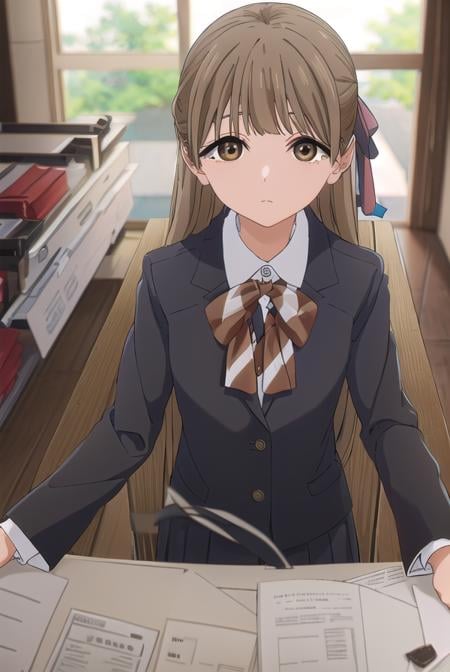 yasukonawashiro, <lora:yasuko nawashiro s1-lora-nochekaiser:1>,yasuko nawashiro, long hair, brown hair, bow, ribbon, (brown eyes:1.5), hair bow, mole, mole under eye, half updo,BREAK skirt, long sleeves, school uniform, jacket, socks, black skirt, two side up, black jacket, kneehighs, blazer, black socks, bow, bowtie, stripped, stripped bowtie,BREAK indoors, classroom,BREAK looking at viewer, (cowboy shot:1.5),BREAK <lyco:GoodHands-beta2:1>, (masterpiece:1.2), best quality, high resolution, unity 8k wallpaper, (illustration:0.8), (beautiful detailed eyes:1.6), extremely detailed face, perfect lighting, extremely detailed CG, (perfect hands, perfect anatomy),