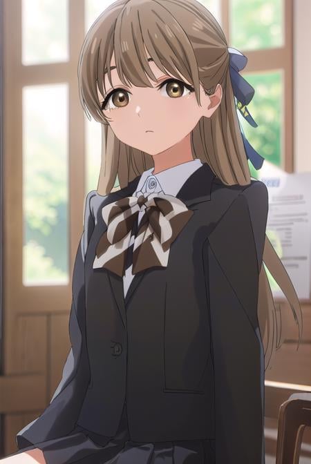 yasukonawashiro, <lora:yasuko nawashiro s1-lora-nochekaiser:1>,yasuko nawashiro, long hair, brown hair, bow, ribbon, (brown eyes:1.5), hair bow, mole, mole under eye, half updo,BREAK skirt, long sleeves, school uniform, jacket, socks, black skirt, two side up, black jacket, kneehighs, blazer, black socks, bow, bowtie, stripped, stripped bowtie,BREAK indoors, classroom,BREAK looking at viewer, (cowboy shot:1.5),BREAK <lyco:GoodHands-beta2:1>, (masterpiece:1.2), best quality, high resolution, unity 8k wallpaper, (illustration:0.8), (beautiful detailed eyes:1.6), extremely detailed face, perfect lighting, extremely detailed CG, (perfect hands, perfect anatomy),