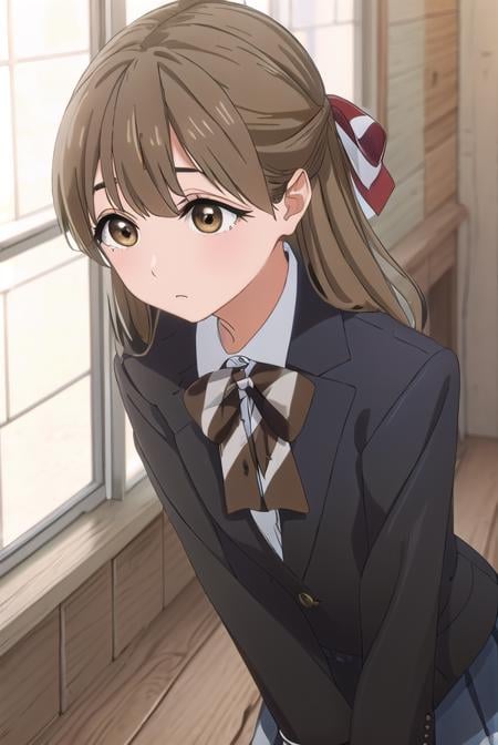 yasukonawashiro, <lora:yasuko nawashiro s1-lora-nochekaiser:1>,yasuko nawashiro, long hair, brown hair, bow, ribbon, (brown eyes:1.5), hair bow, mole, mole under eye, half updo,BREAK skirt, long sleeves, school uniform, jacket, socks, black skirt, two side up, black jacket, kneehighs, blazer, black socks, bow, bowtie, stripped, stripped bowtie,BREAK indoors, classroom,BREAK looking at viewer, (cowboy shot:1.5),BREAK <lyco:GoodHands-beta2:1>, (masterpiece:1.2), best quality, high resolution, unity 8k wallpaper, (illustration:0.8), (beautiful detailed eyes:1.6), extremely detailed face, perfect lighting, extremely detailed CG, (perfect hands, perfect anatomy),