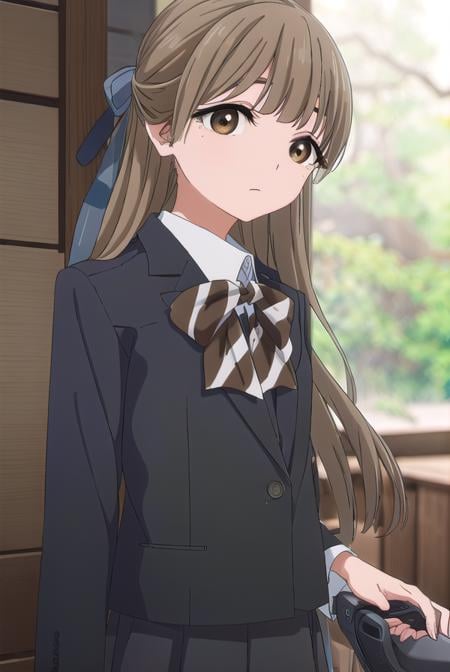 yasukonawashiro, <lora:yasuko nawashiro s1-lora-nochekaiser:1>,yasuko nawashiro, long hair, brown hair, bow, ribbon, (brown eyes:1.5), hair bow, mole, mole under eye, half updo,BREAK skirt, long sleeves, school uniform, jacket, socks, black skirt, two side up, black jacket, kneehighs, blazer, black socks, bow, bowtie, stripped, stripped bowtie,BREAK indoors, classroom,BREAK looking at viewer, (cowboy shot:1.5),BREAK <lyco:GoodHands-beta2:1>, (masterpiece:1.2), best quality, high resolution, unity 8k wallpaper, (illustration:0.8), (beautiful detailed eyes:1.6), extremely detailed face, perfect lighting, extremely detailed CG, (perfect hands, perfect anatomy),